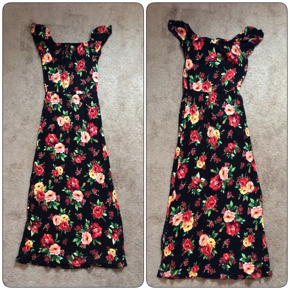 Ambiance Dresses & Skirts - Black Floral Maxi Dress with Slit